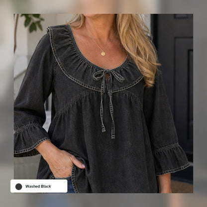 Women's Ruffle Tie-Front Denim Blouse