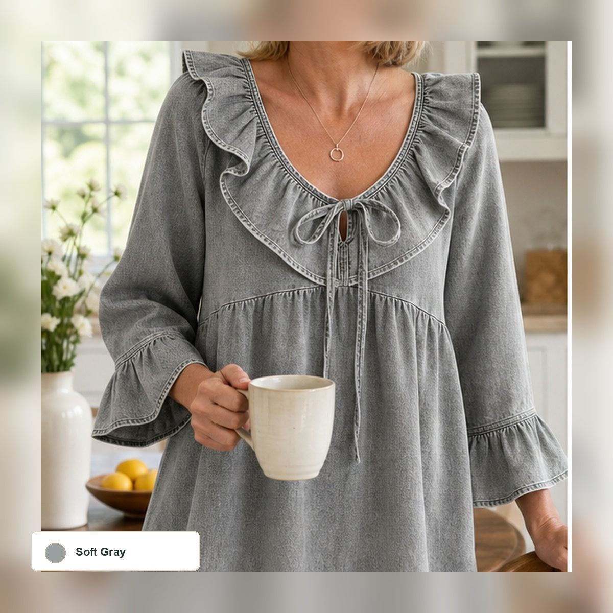 Women's Ruffle Tie-Front Denim Blouse