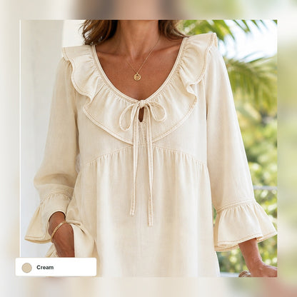 Women's Ruffle Tie-Front Denim Blouse