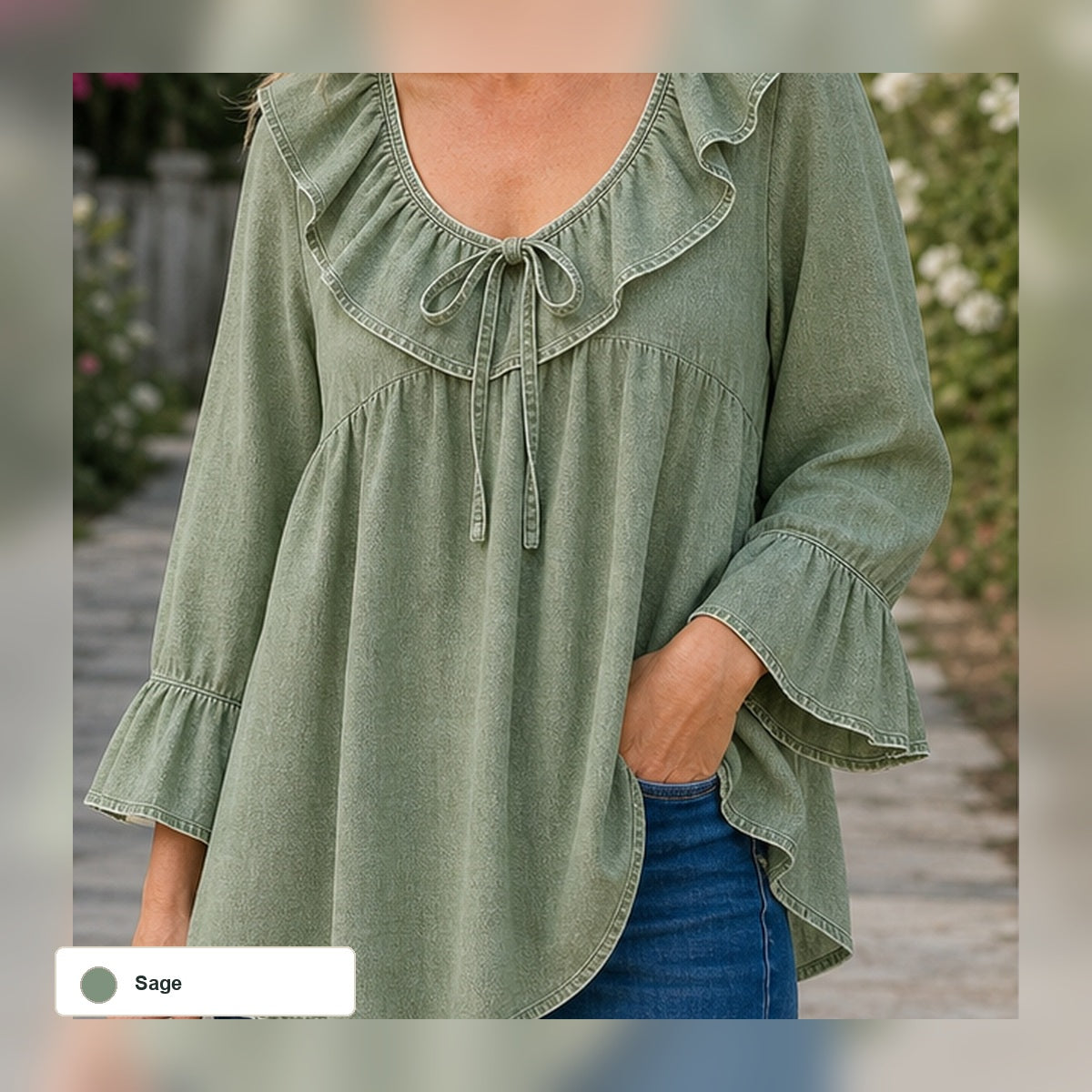 Women's Ruffle Tie-Front Denim Blouse