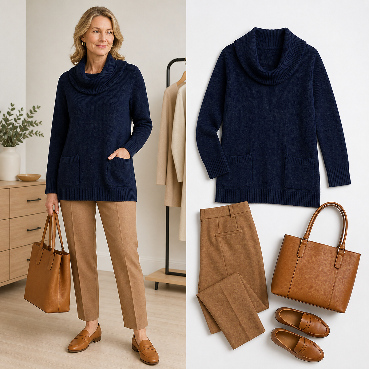 Women's Relaxed Cowl-Neck Knit Tunic with Pockets