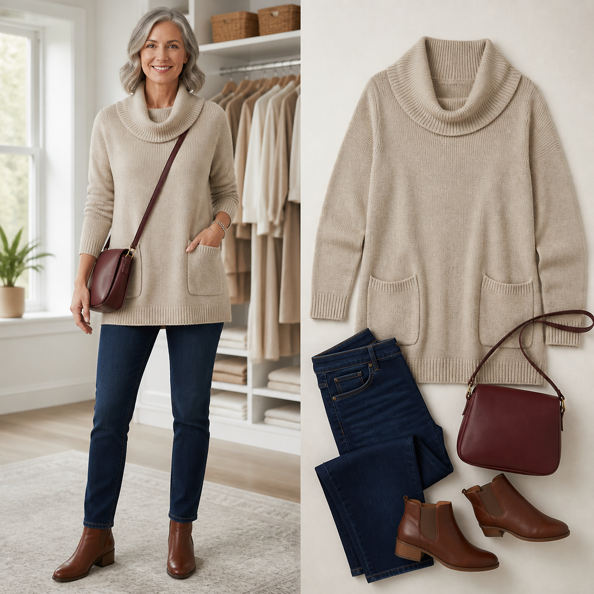 Women's Relaxed Cowl-Neck Knit Tunic with Pockets