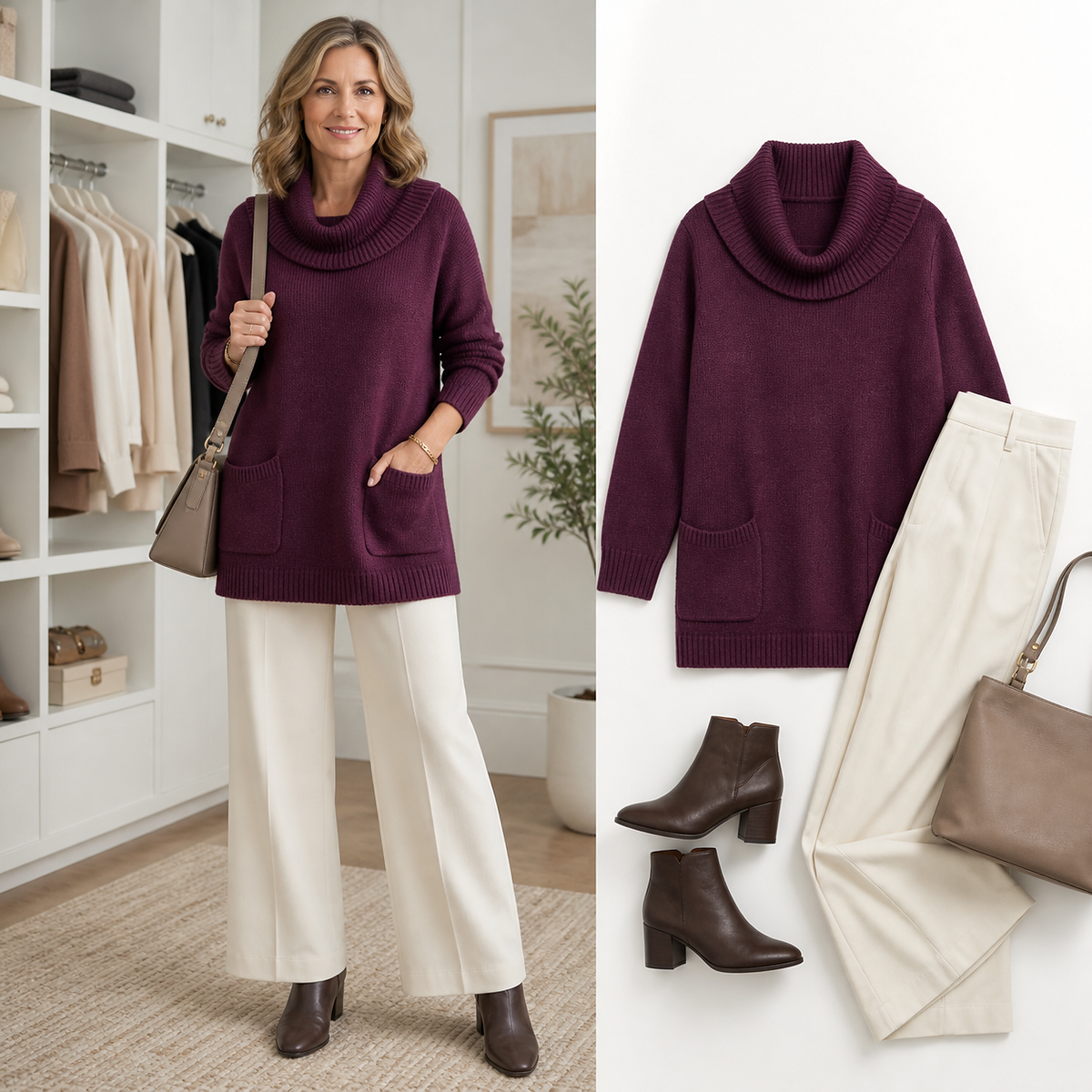 Women's Relaxed Cowl-Neck Knit Tunic with Pockets