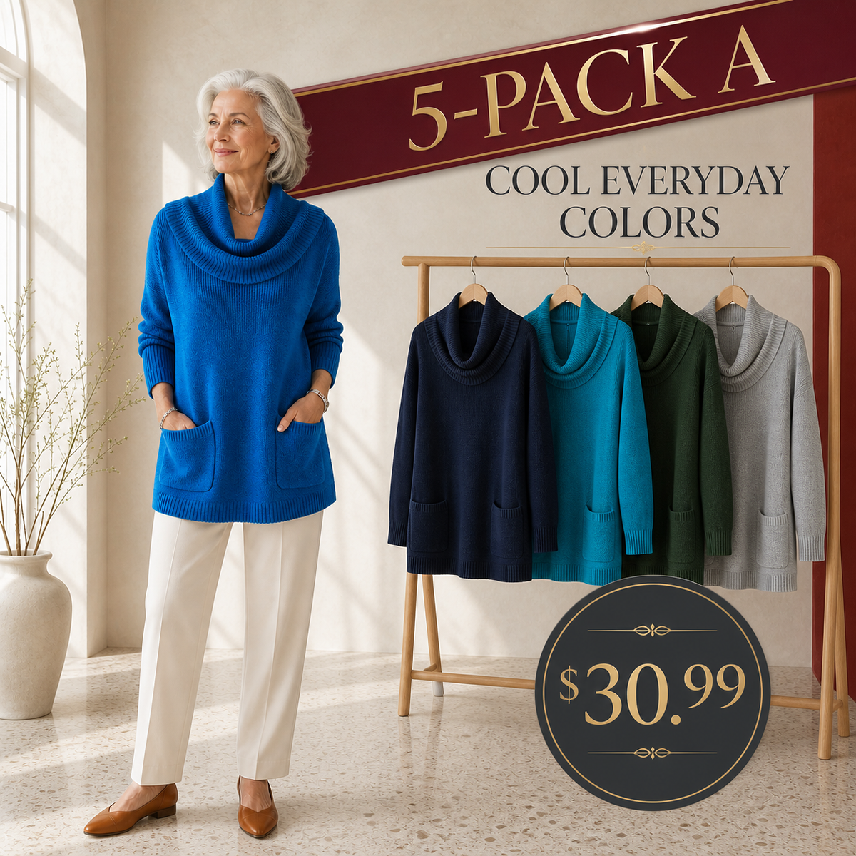 Women's Relaxed Cowl-Neck Knit Tunic with Pockets