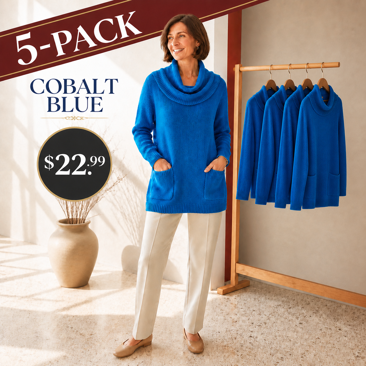 Women's Relaxed Cowl-Neck Knit Tunic with Pockets