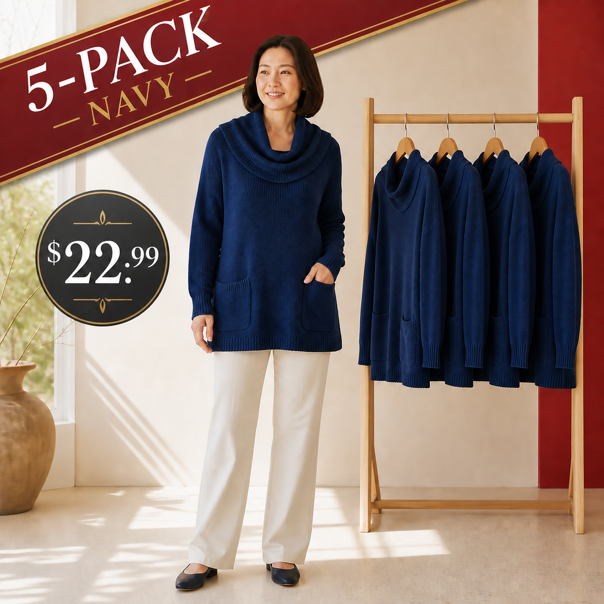 Women's Relaxed Cowl-Neck Knit Tunic with Pockets