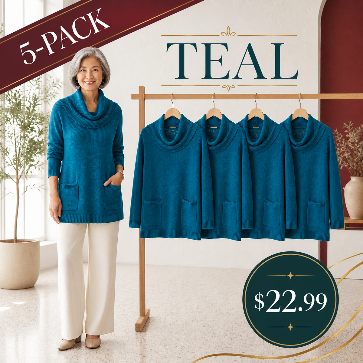 Women's Relaxed Cowl-Neck Knit Tunic with Pockets