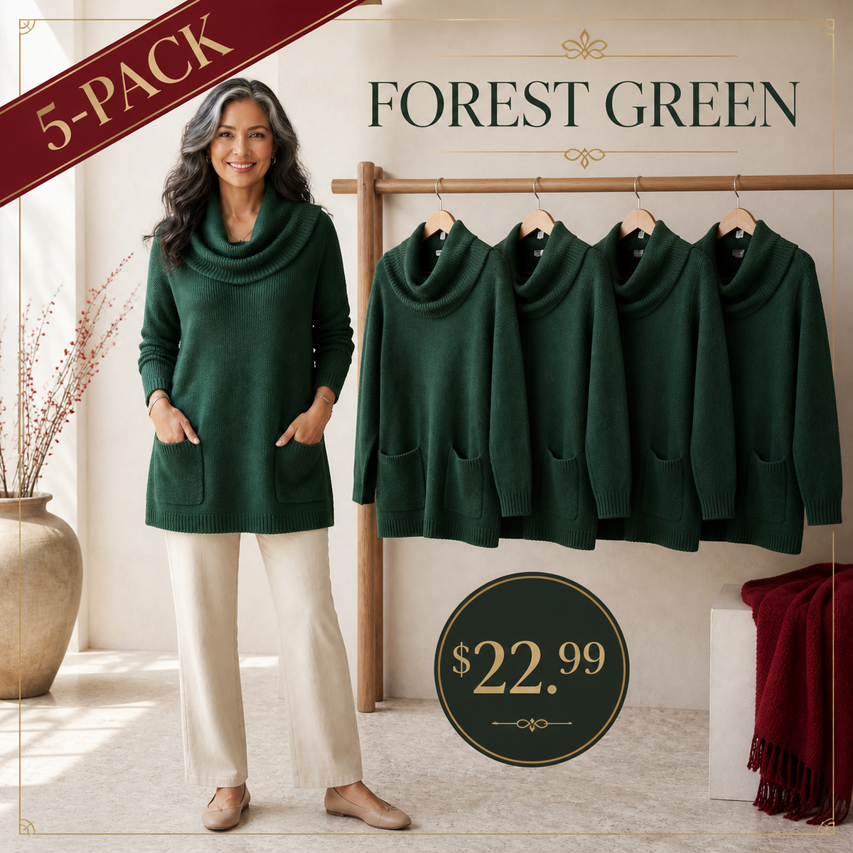 Women's Relaxed Cowl-Neck Knit Tunic with Pockets