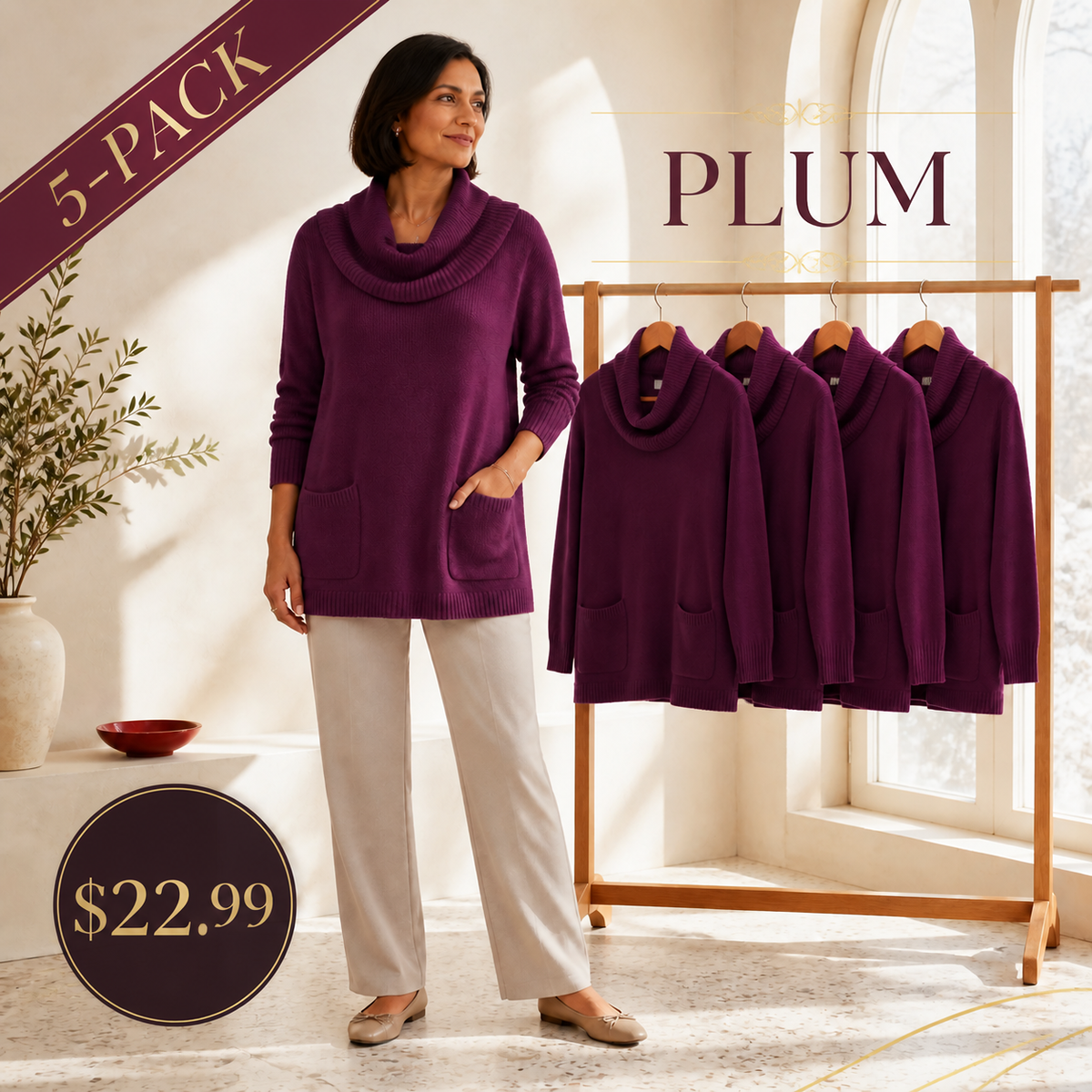 Women's Relaxed Cowl-Neck Knit Tunic with Pockets