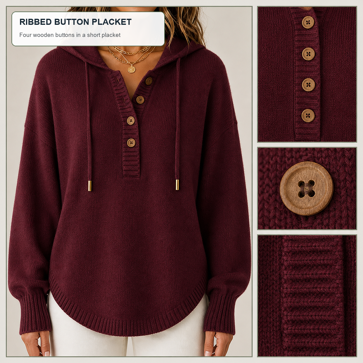 Women's Relaxed Button-Placket Knit Hoodie