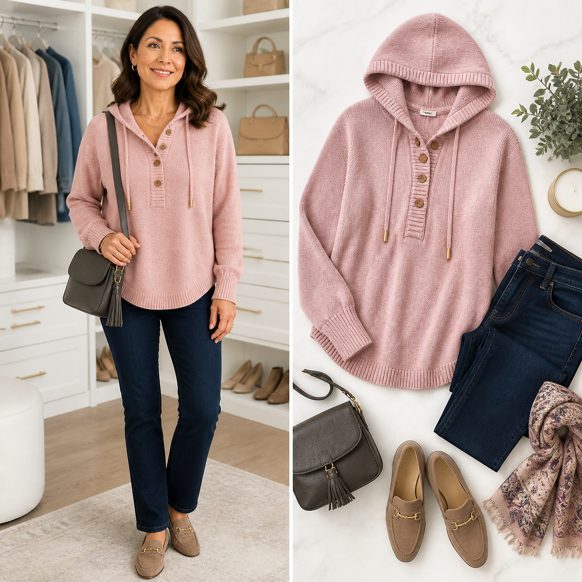 Women's Relaxed Button-Placket Knit Hoodie