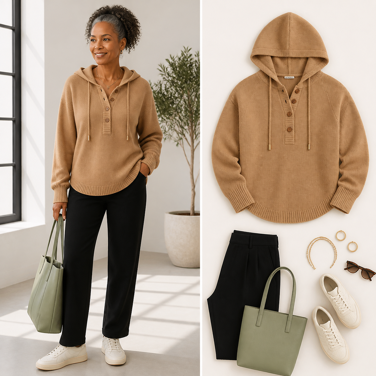 Women's Relaxed Button-Placket Knit Hoodie