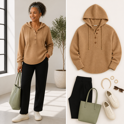 Women's Relaxed Button-Placket Knit Hoodie