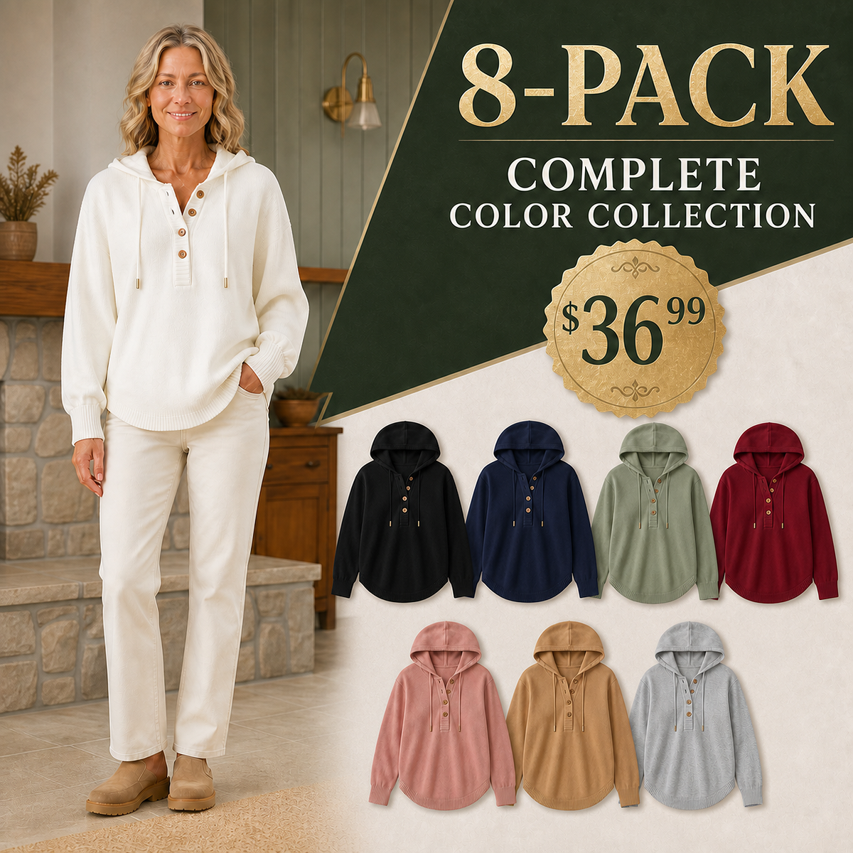 Women's Relaxed Button-Placket Knit Hoodie