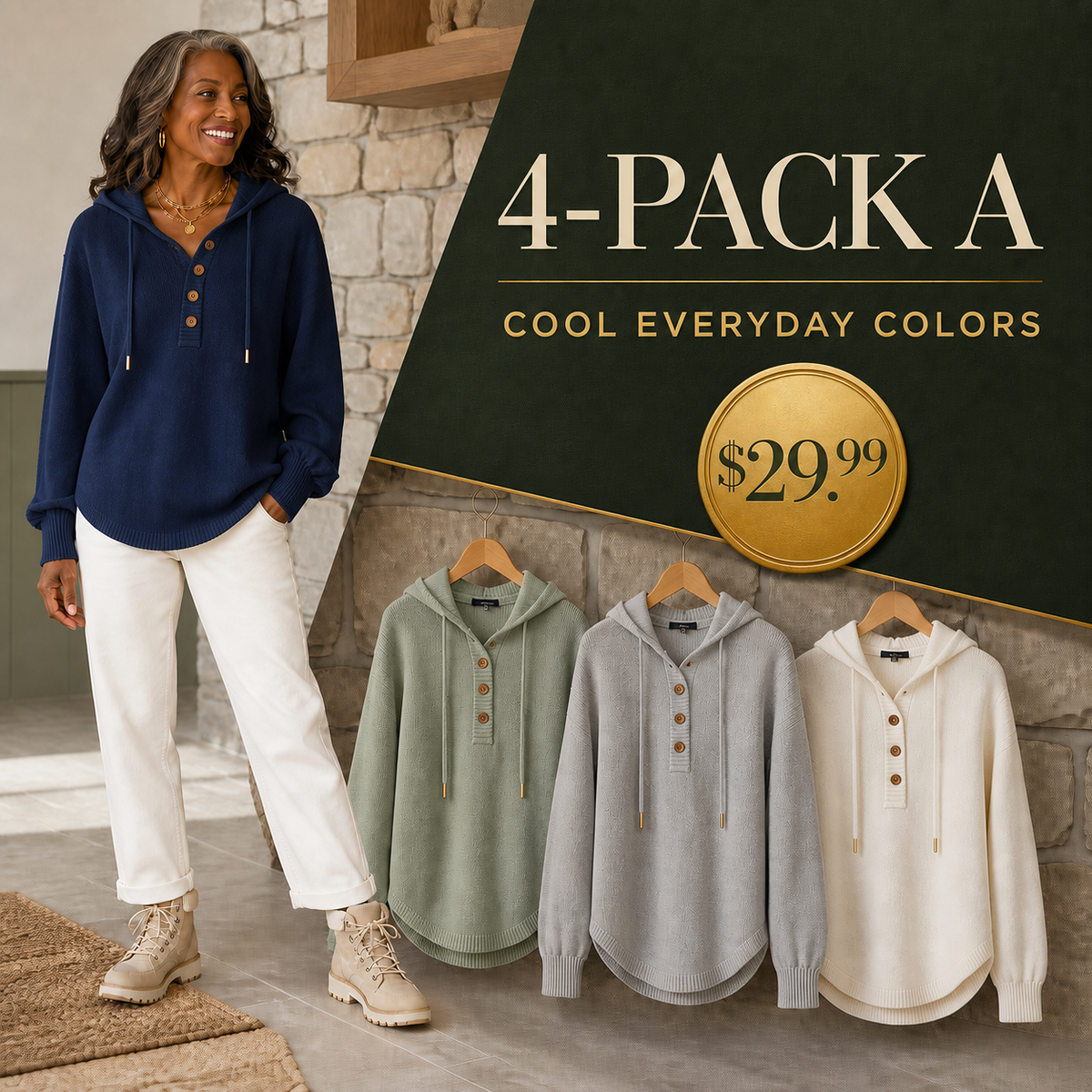 Women's Relaxed Button-Placket Knit Hoodie