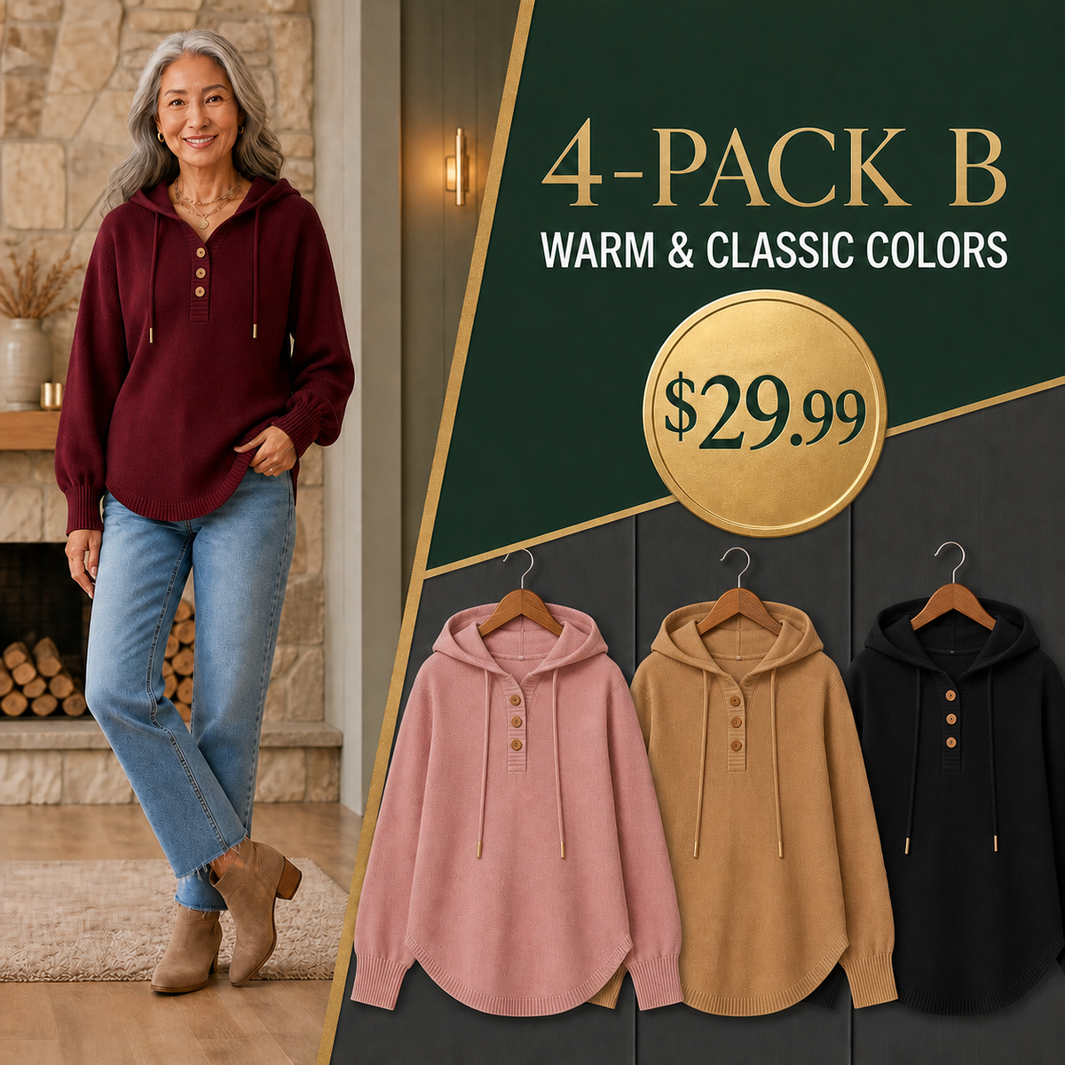 Women's Relaxed Button-Placket Knit Hoodie