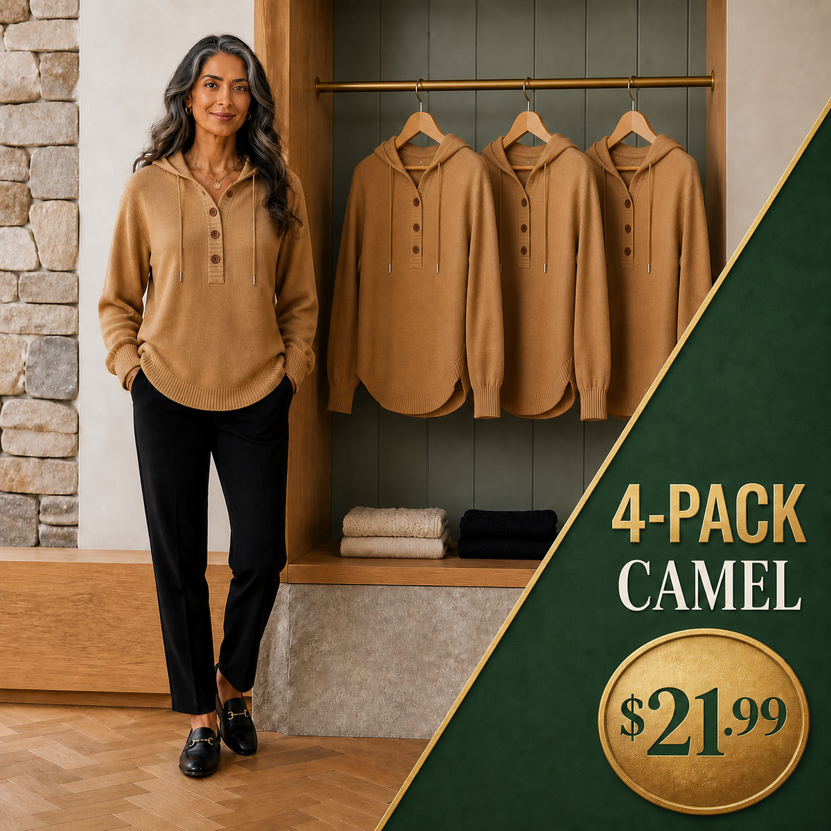 Women's Relaxed Button-Placket Knit Hoodie