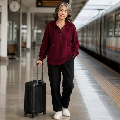 Women's Relaxed Button-Placket Knit Hoodie