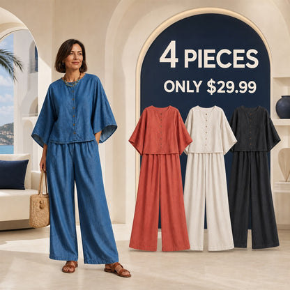Two-Piece Multi-Pack Deal | Women's Relaxed Button-Front Top and Wide-Leg Pants Set