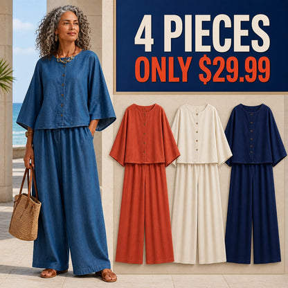Two-Piece Multi-Pack Deal | Women's Relaxed Button-Front Top and Wide-Leg Pants Set