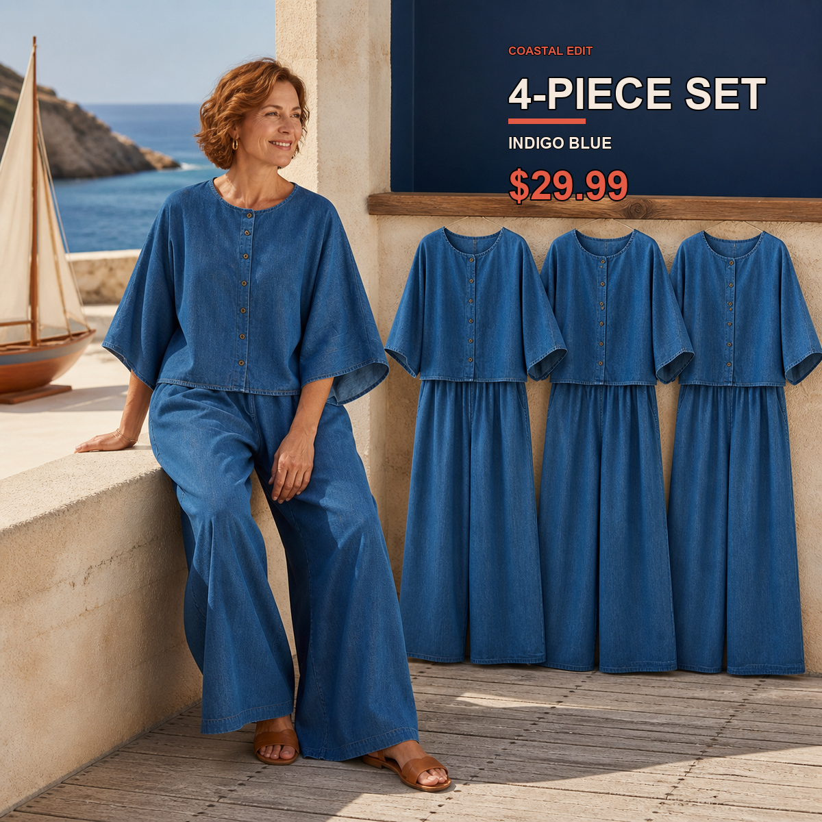 Two-Piece Multi-Pack Deal | Women's Relaxed Button-Front Top and Wide-Leg Pants Set