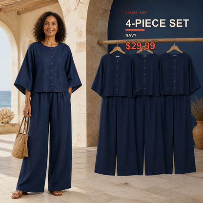 Two-Piece Multi-Pack Deal | Women's Relaxed Button-Front Top and Wide-Leg Pants Set