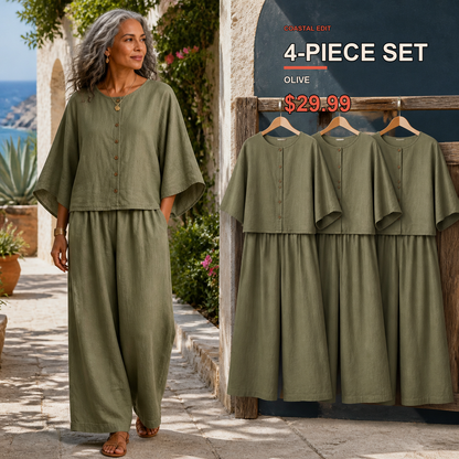 Two-Piece Multi-Pack Deal | Women's Relaxed Button-Front Top and Wide-Leg Pants Set