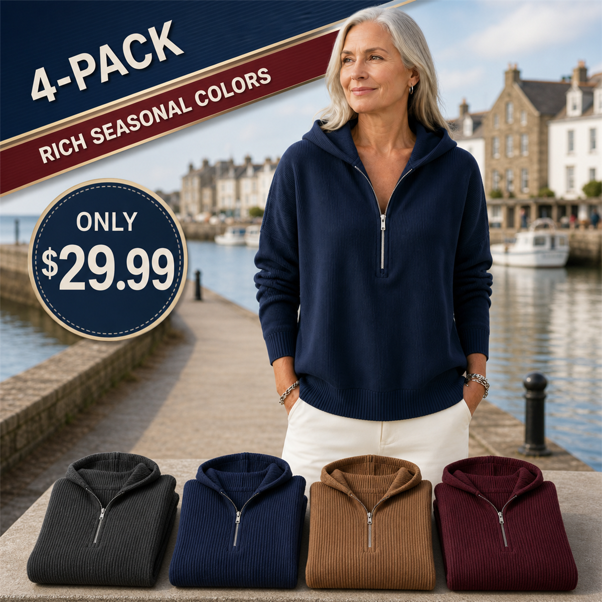 Bundle & Save | Women's Ribbed Half-Zip Hooded Sweater