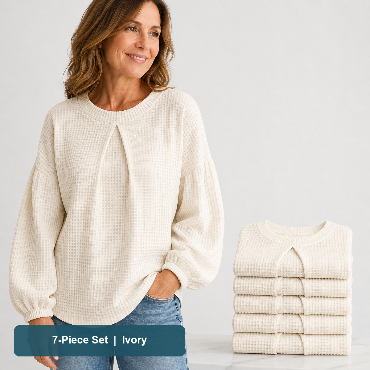 Everyday Color Value | Women's Waffle-Texture Balloon-Sleeve Top