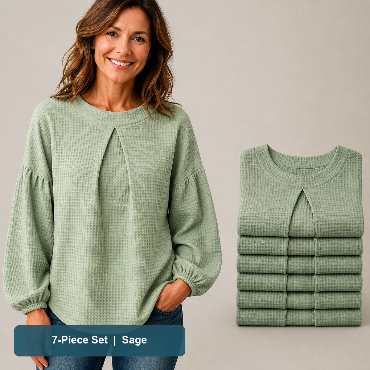 Everyday Color Value | Women's Waffle-Texture Balloon-Sleeve Top