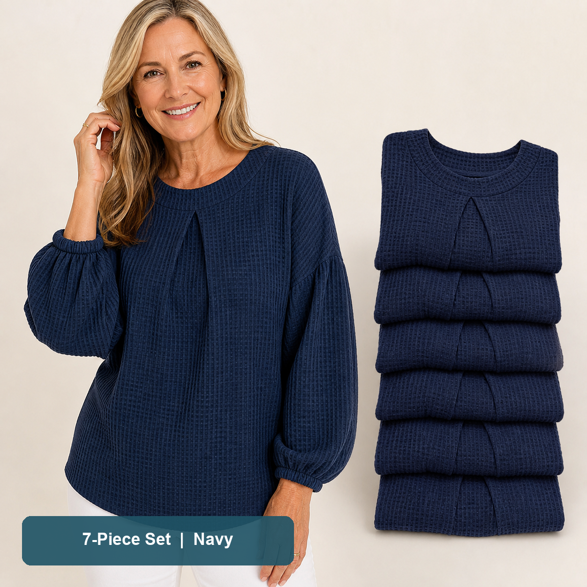 Everyday Color Value | Women's Waffle-Texture Balloon-Sleeve Top