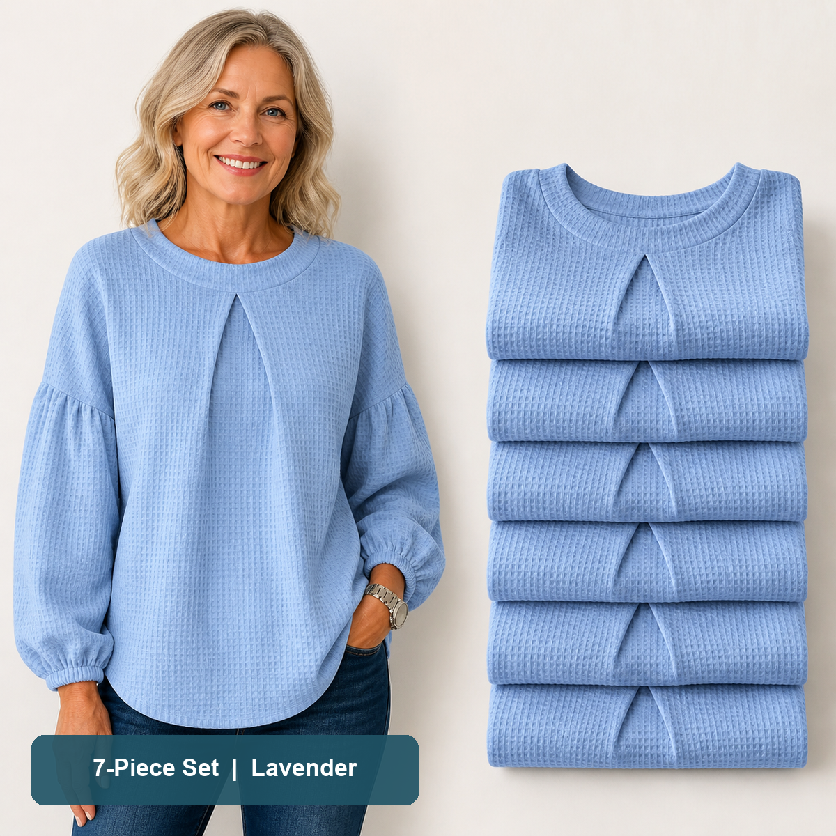 Everyday Color Value | Women's Waffle-Texture Balloon-Sleeve Top