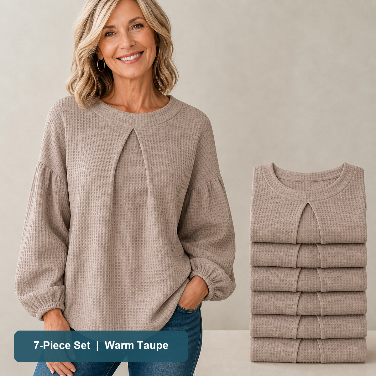 Everyday Color Value | Women's Waffle-Texture Balloon-Sleeve Top