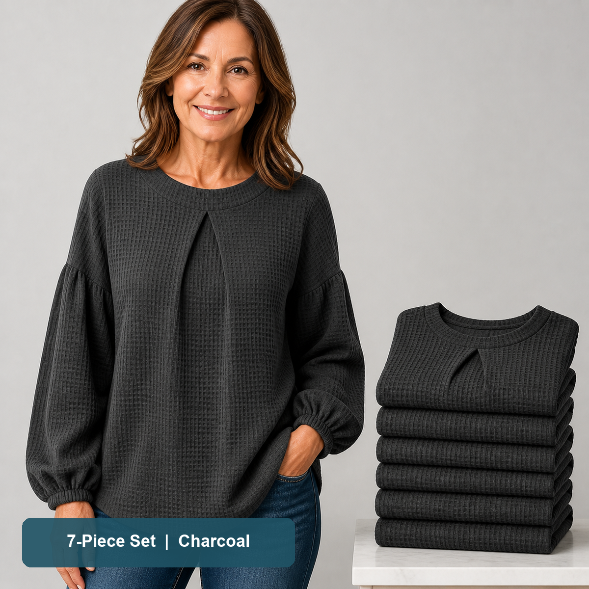 Everyday Color Value | Women's Waffle-Texture Balloon-Sleeve Top