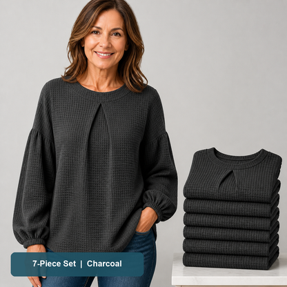 Everyday Color Value | Women's Waffle-Texture Balloon-Sleeve Top