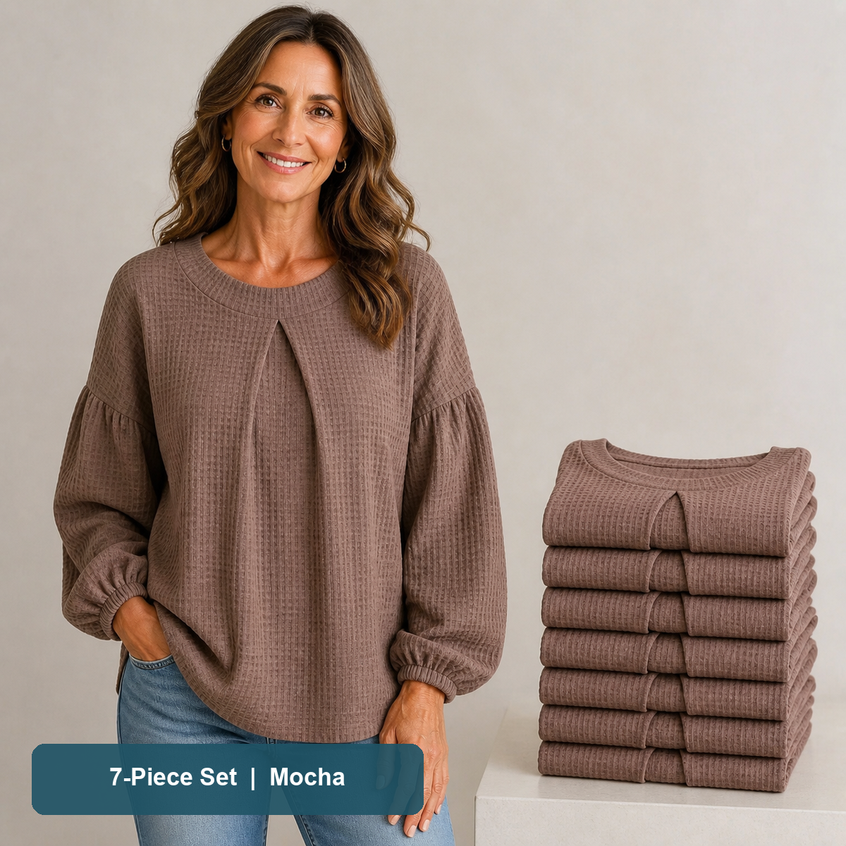 Everyday Color Value | Women's Waffle-Texture Balloon-Sleeve Top