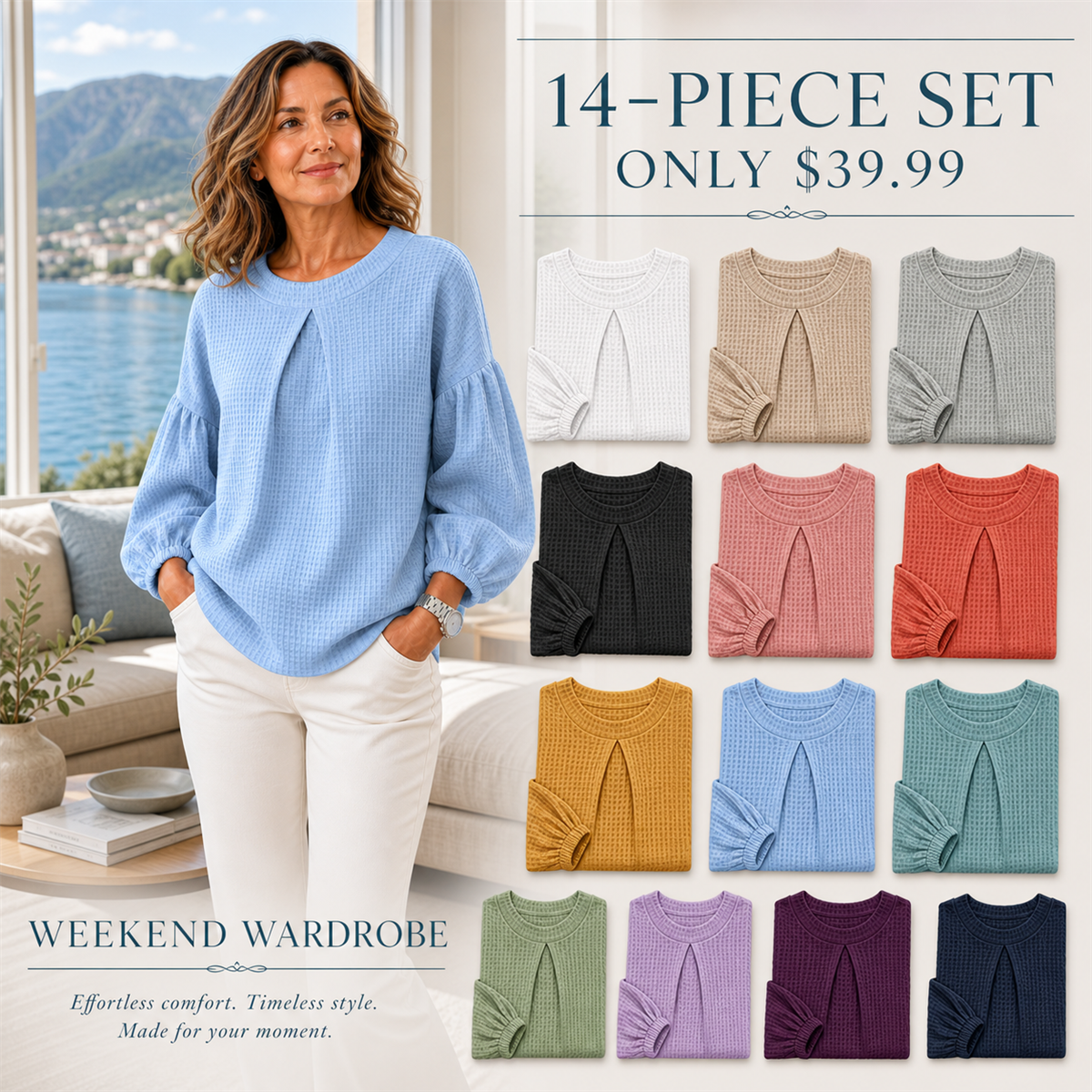 Everyday Color Value | Women's Waffle-Texture Balloon-Sleeve Top