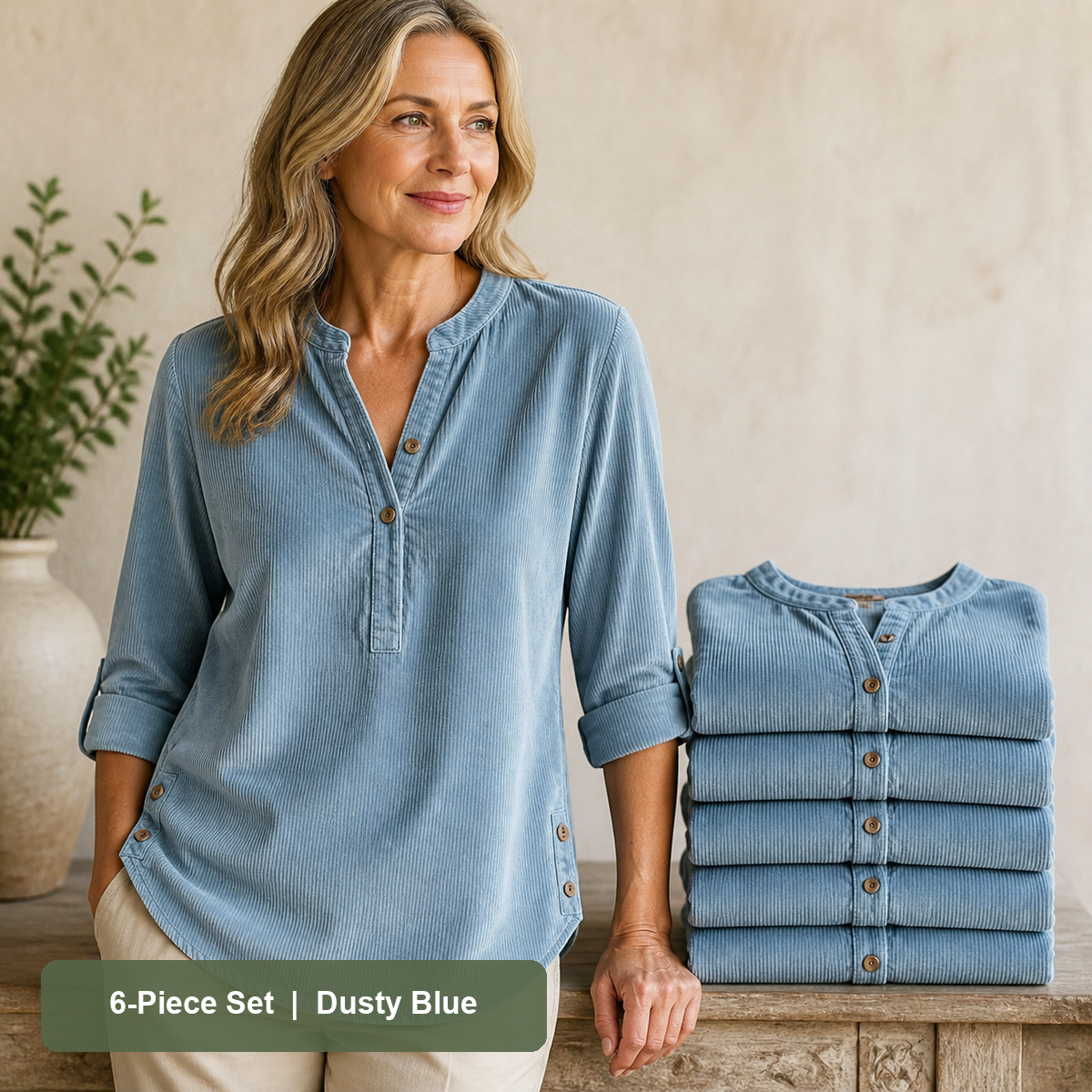 Women's Corduroy Henley Roll-Tab Tunic