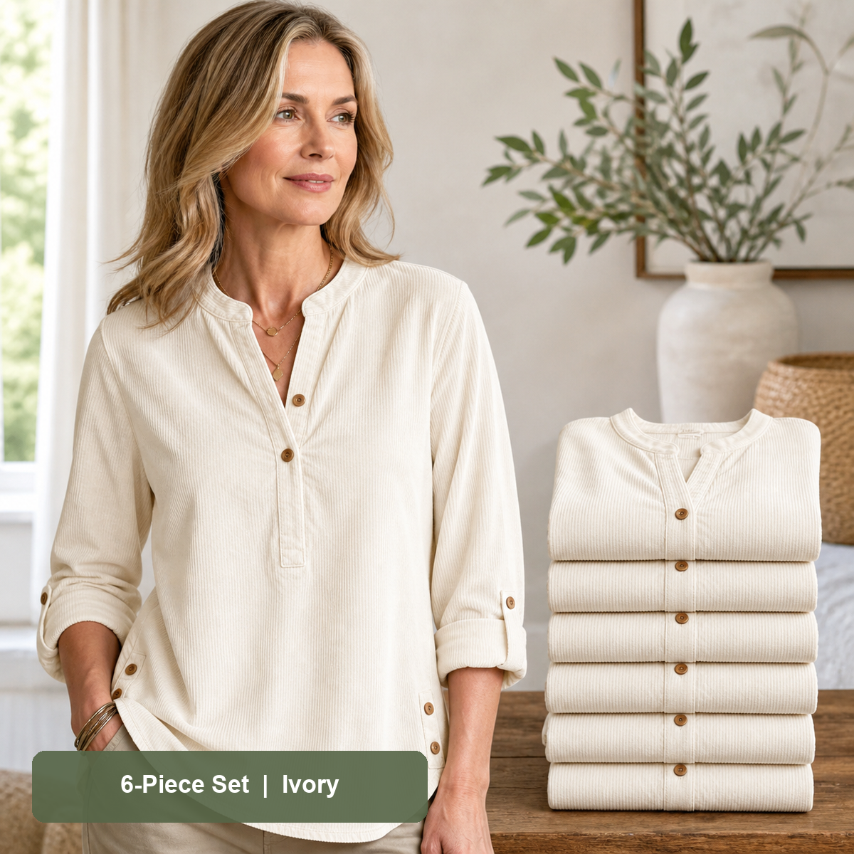 Women's Corduroy Henley Roll-Tab Tunic