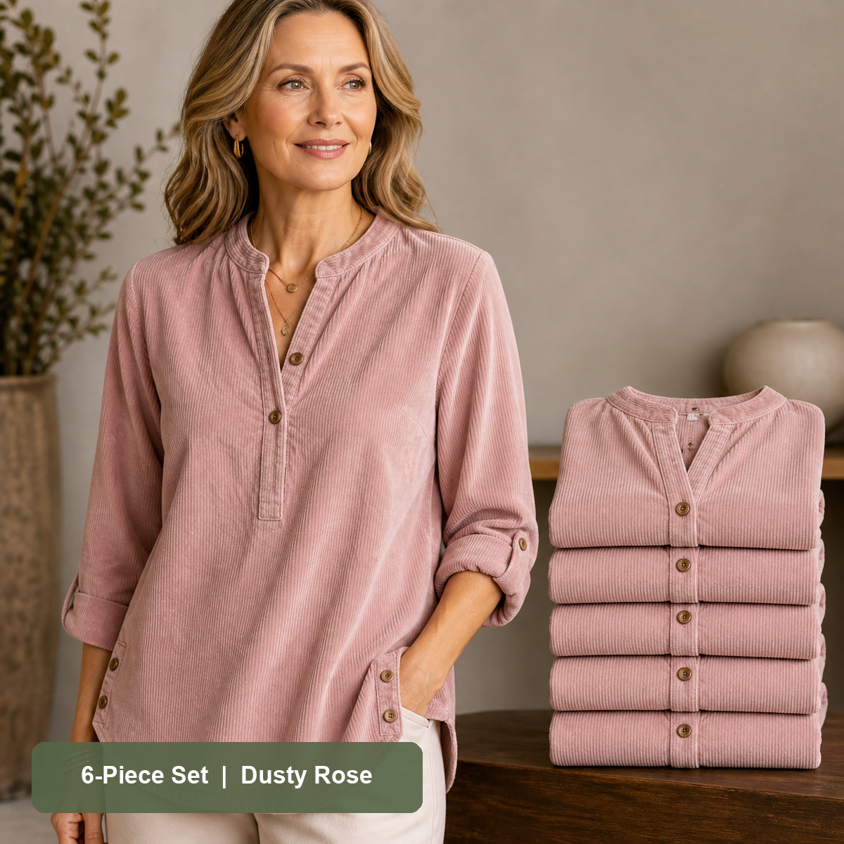 Women's Corduroy Henley Roll-Tab Tunic