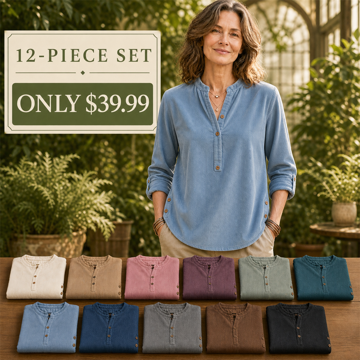 Women's Corduroy Henley Roll-Tab Tunic