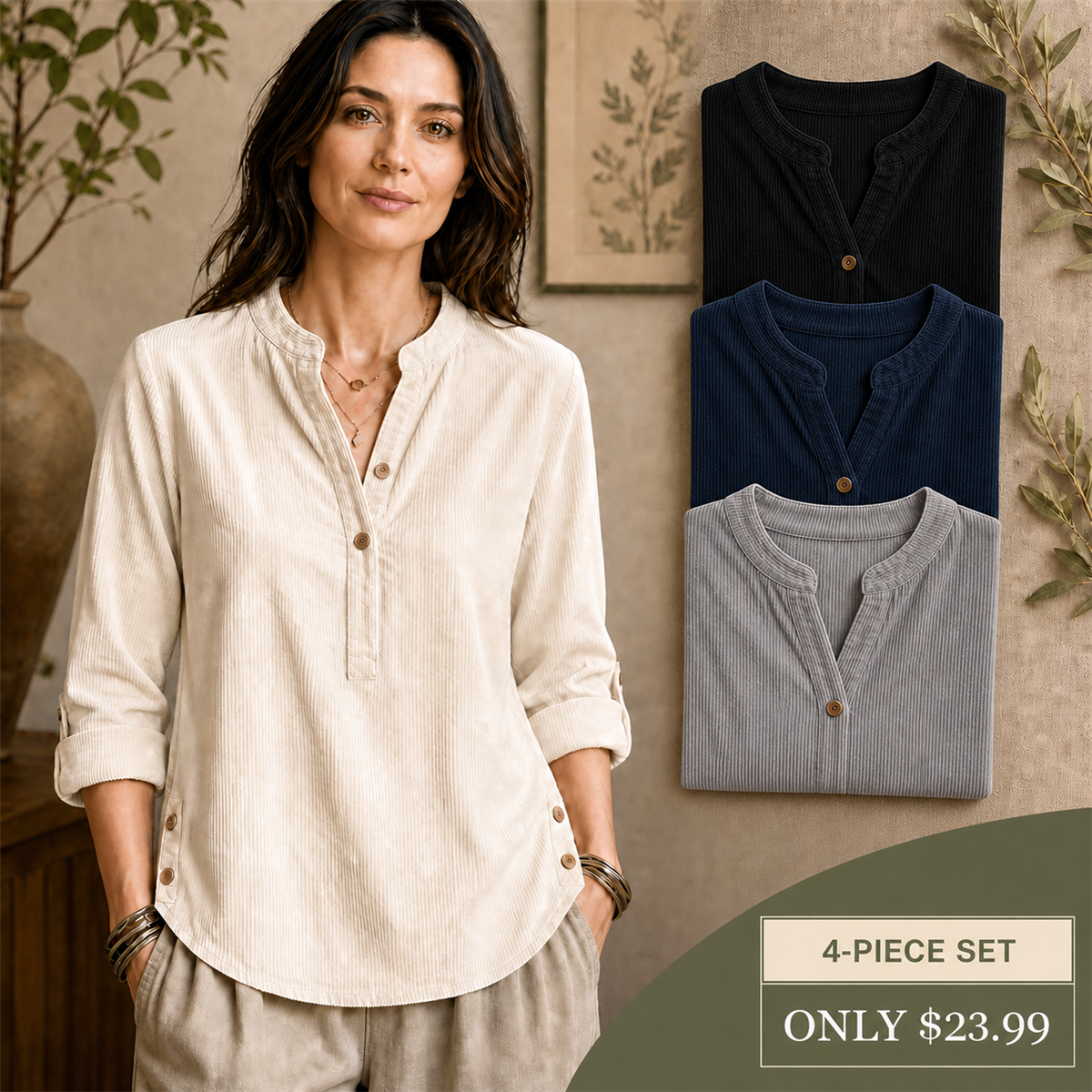 Women's Corduroy Henley Roll-Tab Tunic