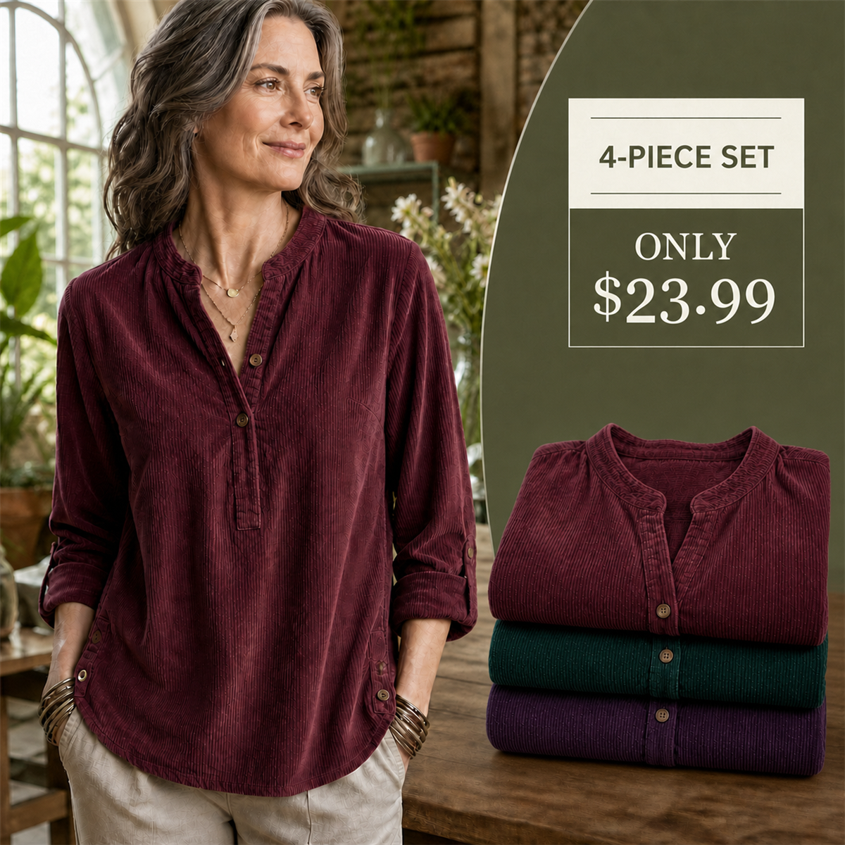 Women's Corduroy Henley Roll-Tab Tunic