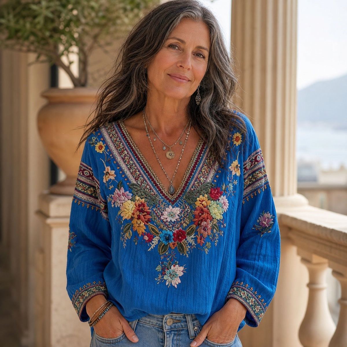 Women's Floral Embroidered Boho V-Neck Blouse