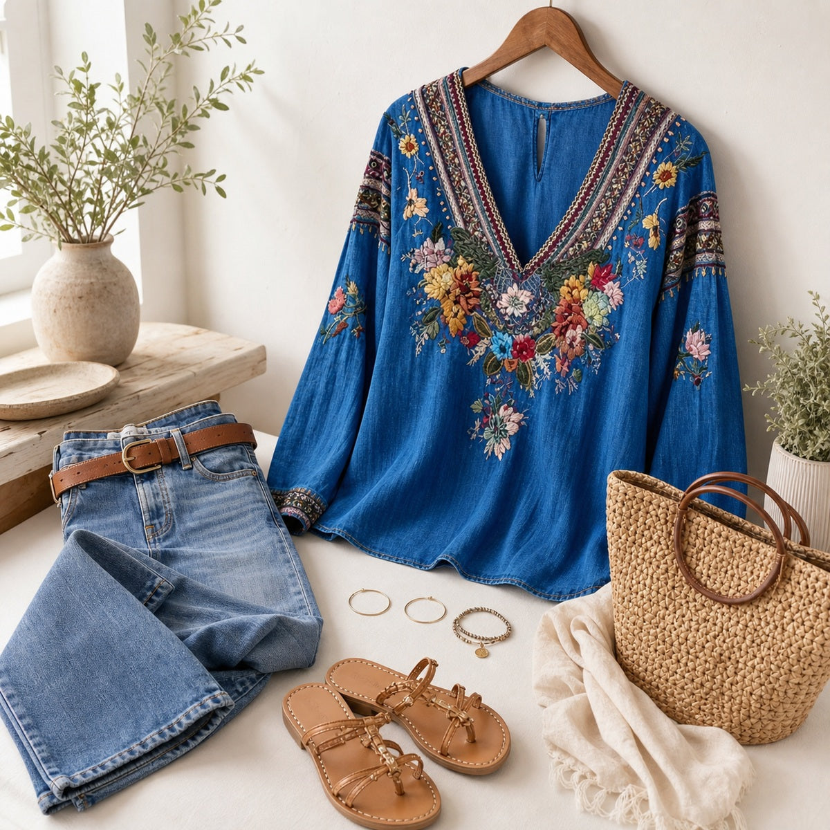 Women's Floral Embroidered Boho V-Neck Blouse