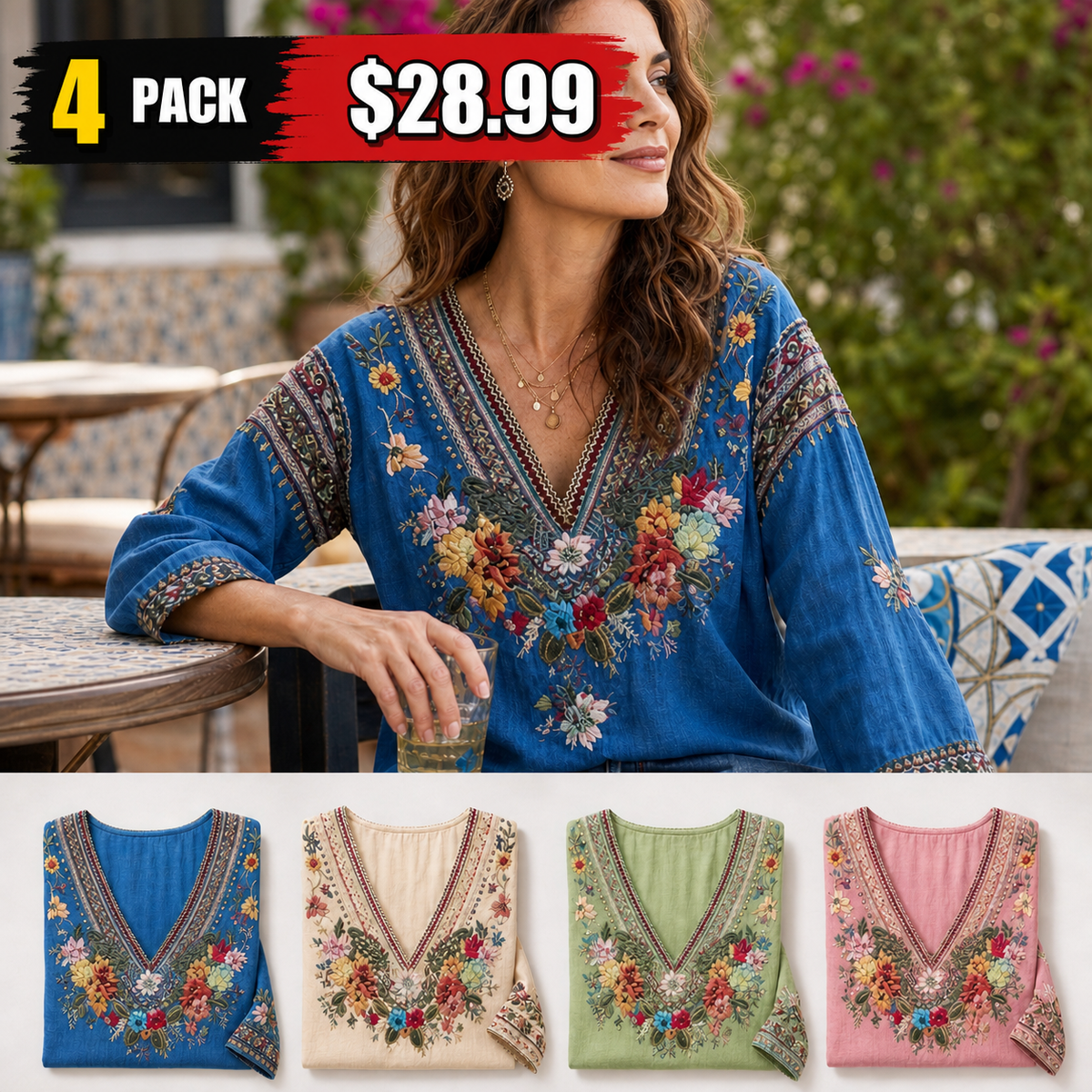 Women's Floral Embroidered Boho V-Neck Blouse