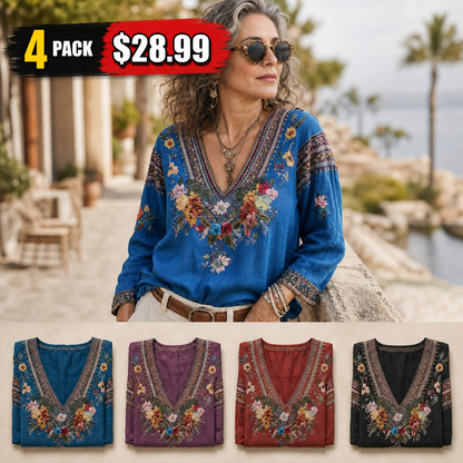 Women's Floral Embroidered Boho V-Neck Blouse