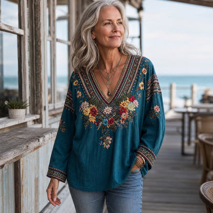 Women's Floral Embroidered Boho V-Neck Blouse