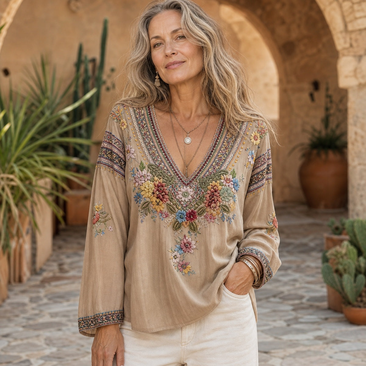 Women's Floral Embroidered Boho V-Neck Blouse