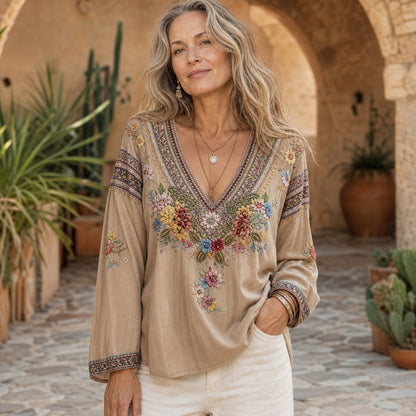 Women's Floral Embroidered Boho V-Neck Blouse